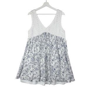 Hem & Thread Crochet Blue and White Floral Babydoll Sleeveless Dress Size L
